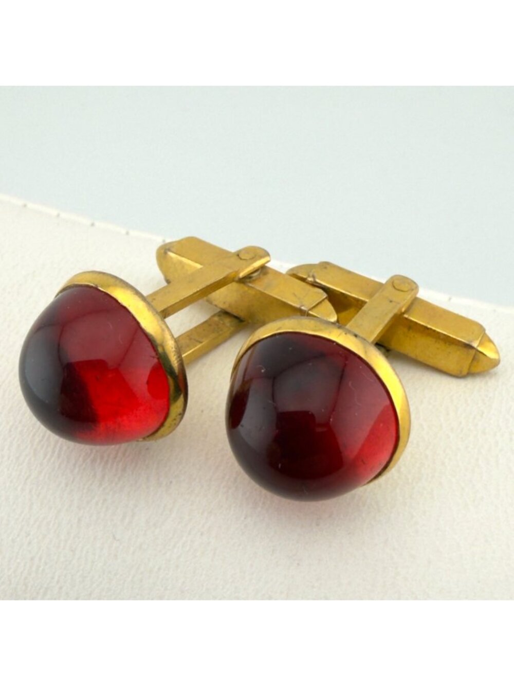Vintage Red Glass Dome Cufflinks Gold Tone Mid Century